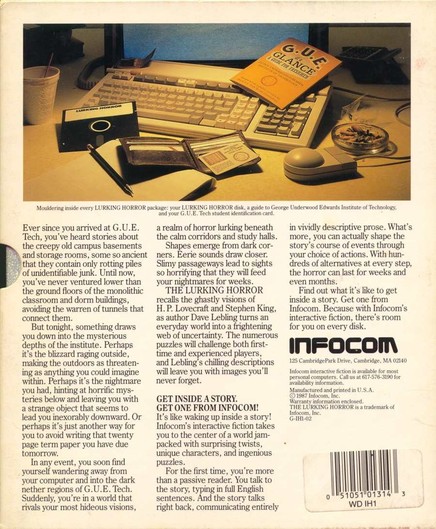 Back cover of the box for Infocom's “The Lurking Horror” interactive fiction with a photo of the “feelies” arranged around an HP 46010A or 46011A keyboard and a 46060A two-button mouse. Scan from http://infocom.elsewhere.org/gallery/lurking/lurking.html