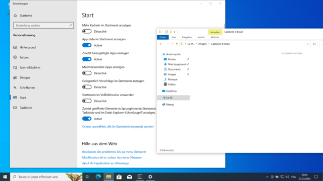 Screenshot of Windows 10 with mixed German and French system text.