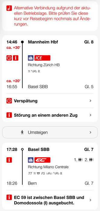 Screenshot SBB-app. Da der ICE von Mannheim Hbf nach Basel SBB verspätet ist, und damit nicht der anschluss erreicht wird, wird als alternative der EC 59 vorgeschlagen, der aber «ausgebucht» ist.