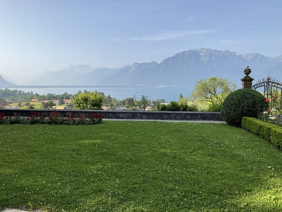 Vue du Léman du Domaine de la Doges. La pelouse verte au premier plan, les Alpes en arrière-plan.