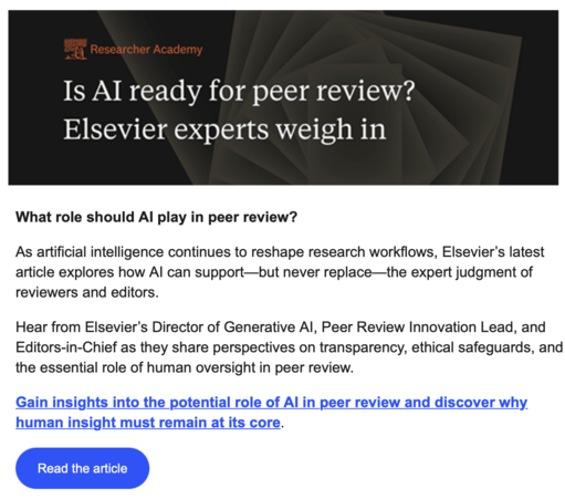 Screenshot of a spam message from Elsevier, titled “Is AI ready for peer review? Elsevier experts weigh in.”