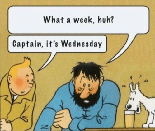 Captain Haddock: What a week, huh?
Tintin: Captain, it’s only Wednesday!