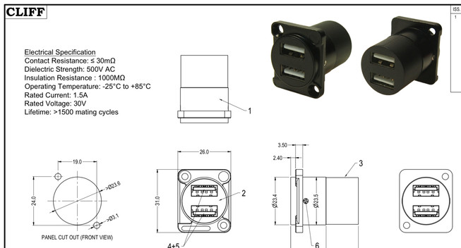 Data sheet for a Cliff DUAL USB2.0 A-A Adapter CP30086.