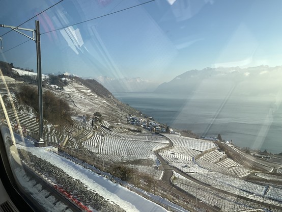 View of the Lavaux vineyards and the Léman, with a light coat of snow.