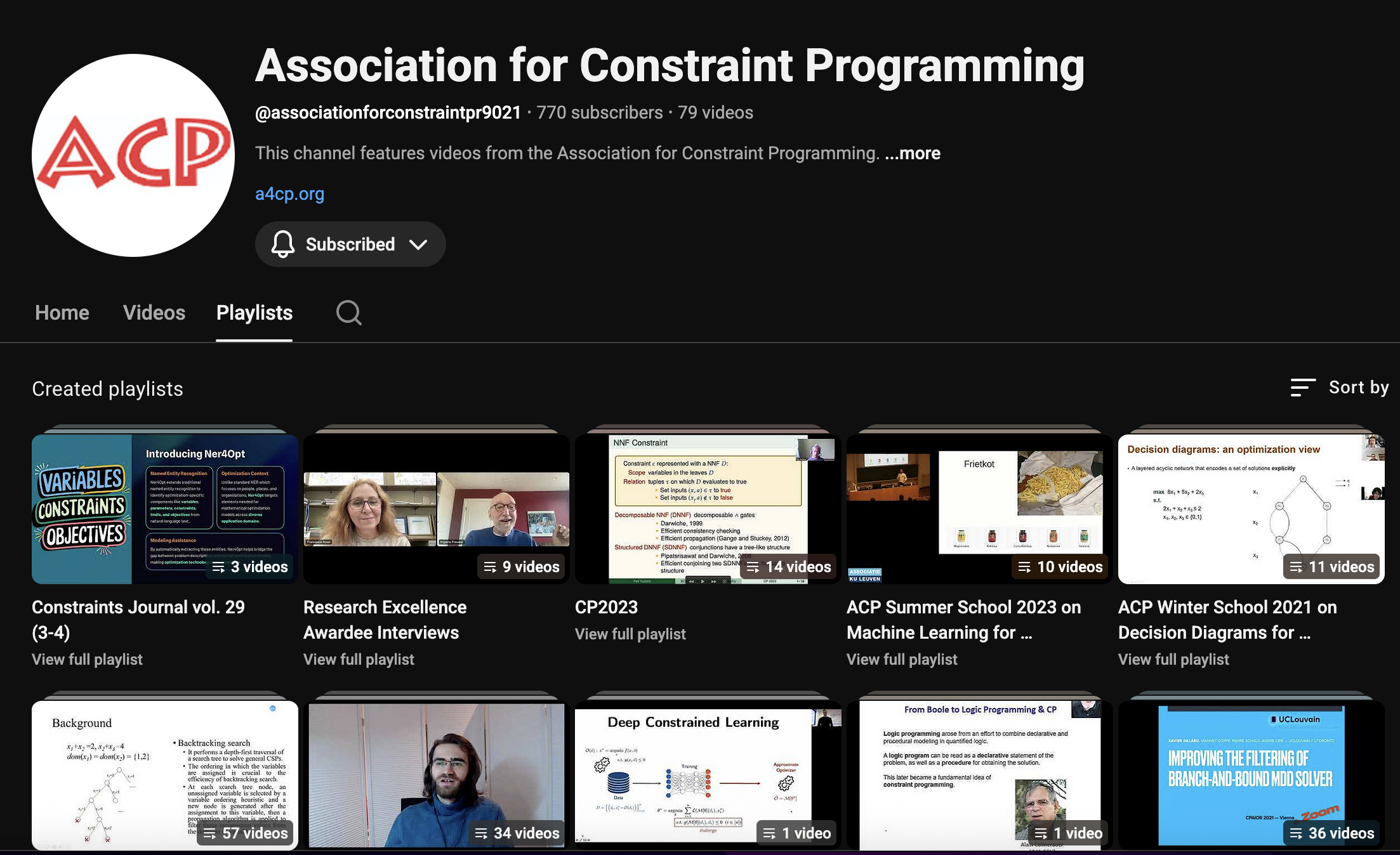 Screenshot of the Association for Constraint Programming (ACP) YouTube homepage, with 10 playlists visible.