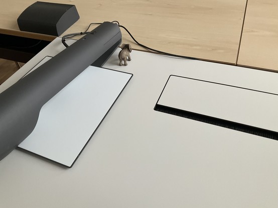 small toy elephant (seen from behind) on the teacher's desk