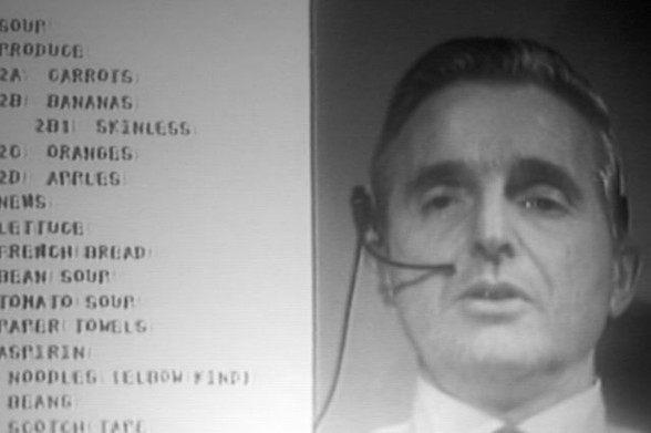 Screenshot of Doug Engelbart demonstrating the capabilities of NLS with a shopping list during the “Mother of all Demos” in December 1968.
