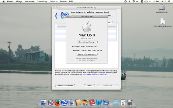 Screenshot of a MacBook3,1 running Mac OS X 10.6.8 (in German). Software Updater says: Your software is up to date.
