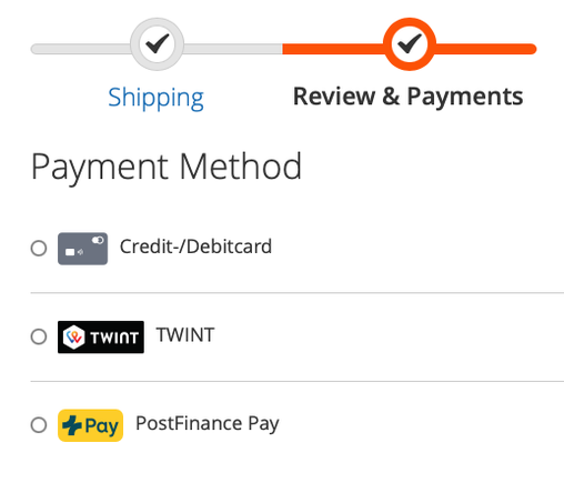 Confirmation page showing 3 payment options:

Credit-/Debitcard
TWINT
Pay PostFinance Pay